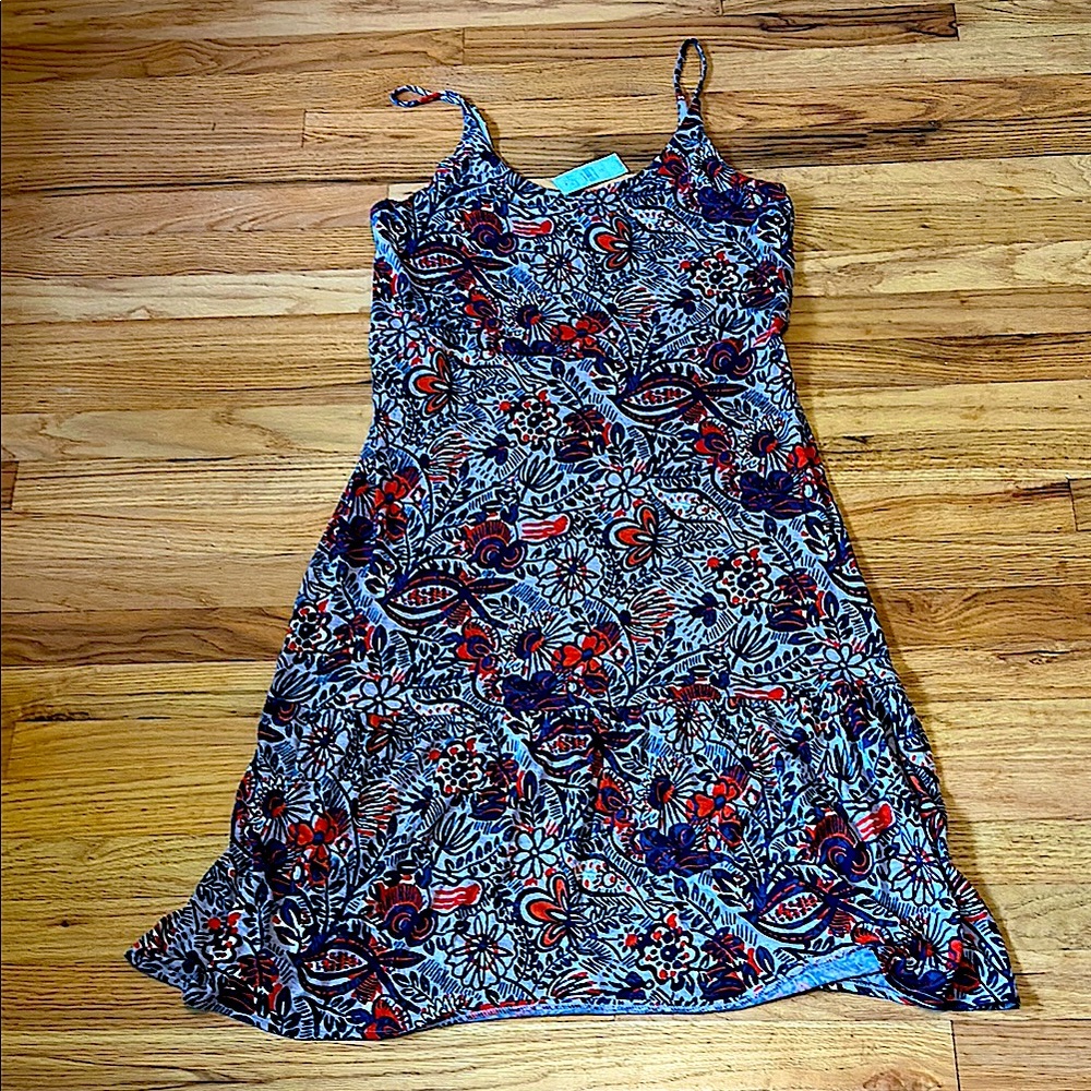 NWT LOFT Gray Navy and Orange Floral Dress